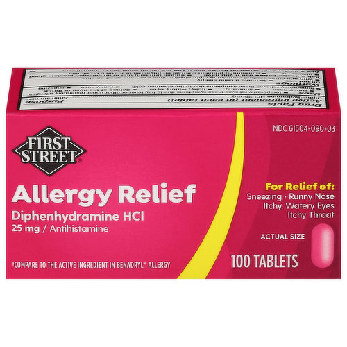 First Street Allergy Relief, Diphenhydramine HCI, 25 mg/Antihistamine, Tablets