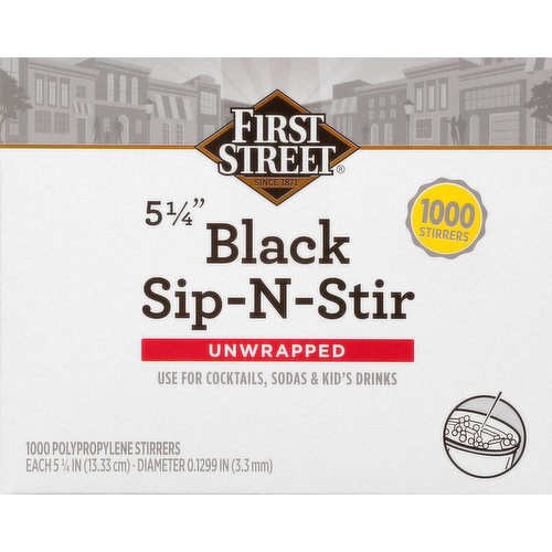 First Street Stirrers, Black, Sip-N-Stir, Unwrapped, 5-1/4 Inch