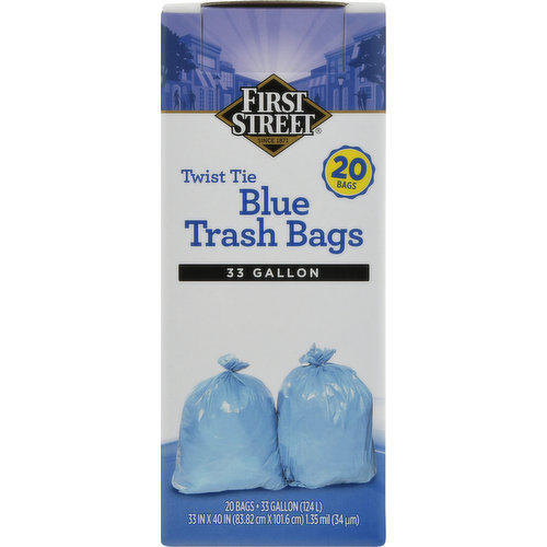 First Street Trash Bags, Blue, Twist Tie, 33 Gallon
