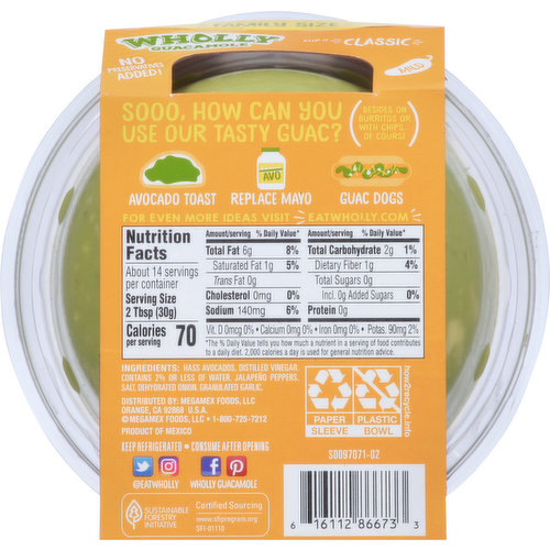 Wholly Guacamole Guacamole, Classic, Mild, Family Size