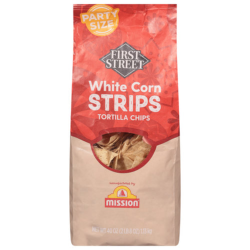 First Street Tortilla Chips, White Corn, Strips, Party Size