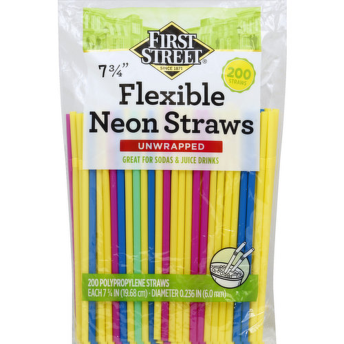 First Street Straws, Neon, Flexible, Unwrapped