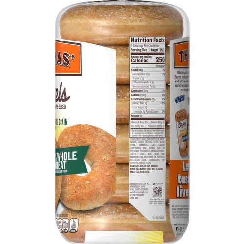 Thomas' Bagels, 100% Whole Wheat, Pre-Sliced