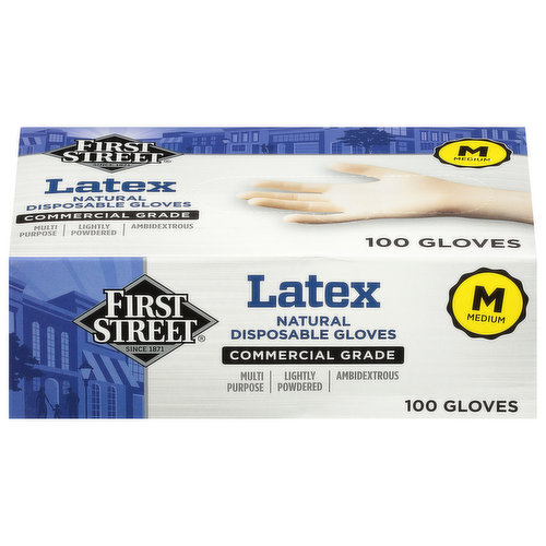 First Street Disposable Gloves, Natural, Latex, Medium