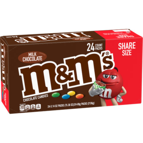 M&M'S Add delicious, colorful fun to everyday celebrations with this 24-count box of Share Size M&M'S Milk Chocolate Candy packs. These bulk individually wrapped candy packs full of chocolate candy are a must for your pantry list.