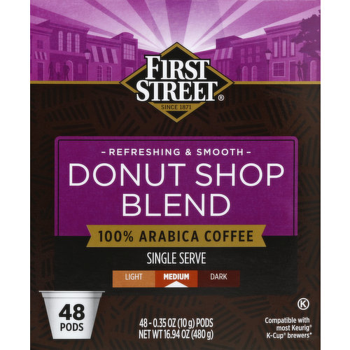 First Street Coffee, 100% Arabica, Medium Roast, Donut Shop Blend, Pods
