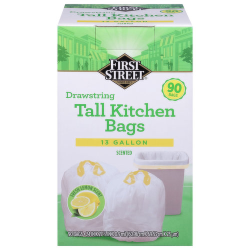 First Street Tall Kitchen Bags, Drawstring, 13 Gallon