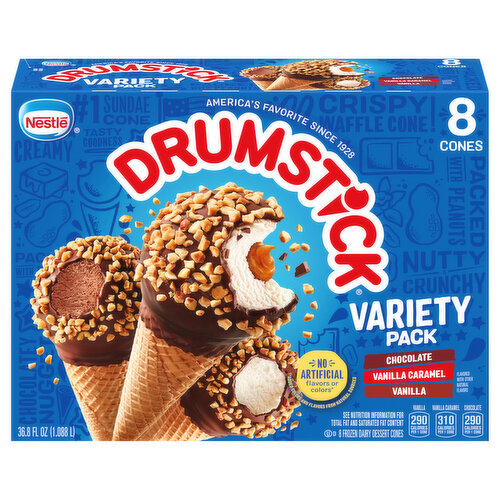 Nestle Drumstick Chocolate, Vanilla, Vanilla Caramel Cones Variety Pack, 8 Count