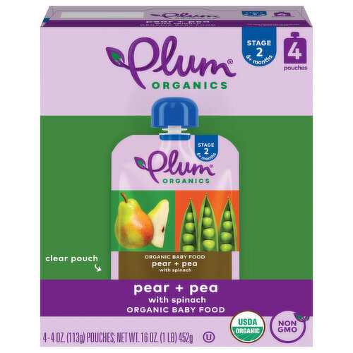 Plum Organics Stage 2 Organic Baby Food Pear + Pea with Spinach 4oz Pouch-4-Pack