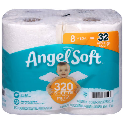 Angel Soft Bathroom Tissue, Unscented, Mega Roll, 2-Ply