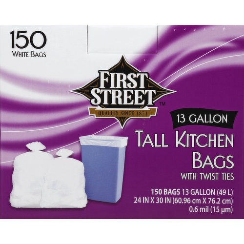 First Street Tall Kitchen Bags, Twist Ties, 13 Gallon