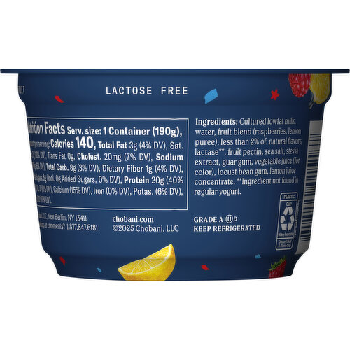 Chobani Zero Added Sugar Lowfat Greek Raspberry Lemon Yogurt