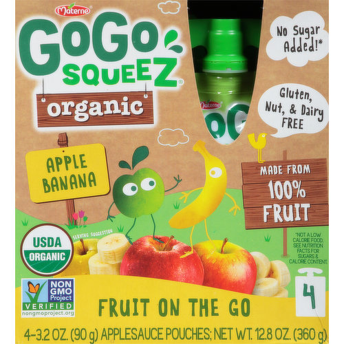 GoGo Squeez Applesauce, Organic, Apple Banana, Fruit On The Go, 4 Pack