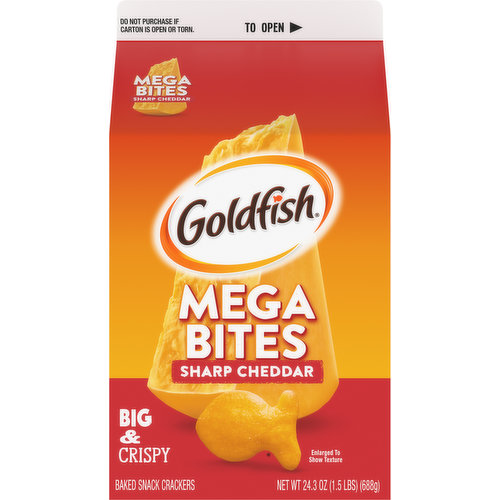 Goldfish Baked Snack Crackers, Sharp Cheddar, Big & Crispy, Mega Bites