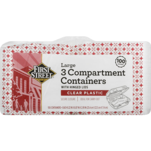 First Street Containers, 3 Compartment, Clear Plastic, Large