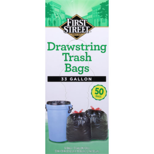 First Street Trash Bags, Drawstring, 33 Gallon