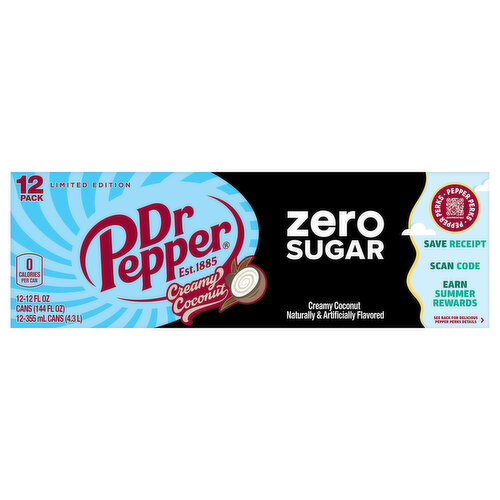 Dr Pepper Soda, Zero Sugar, Creamy Coconut, 12 Pack