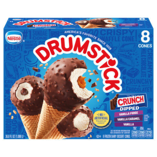 Drumstick Drumstick Crunch Dipped Vanilla, Vanilla Caramel and Vanilla Fudge Cones, 8 Count