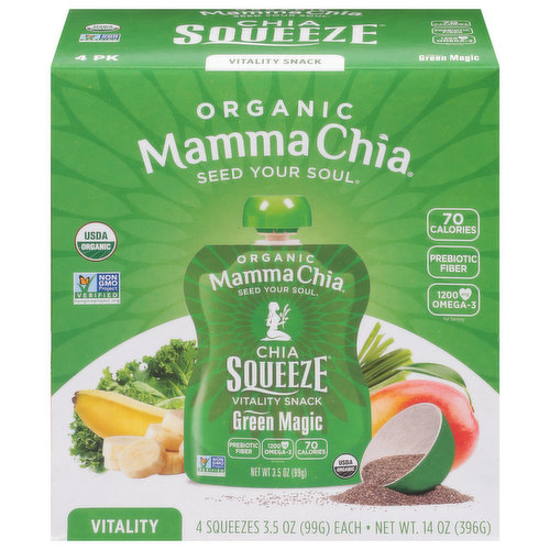 Mamma Chia Vitality Snack, Organic, Green Magic, 4 Pack