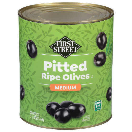 First Street Olives, Ripe, Pitted, Medium