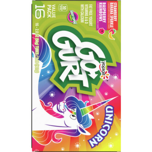 Go-Gurt Yogurt, Fat Free, Raspberry Rainbows/Strawberry Banana Sparkle, Unicorn, Value Pack