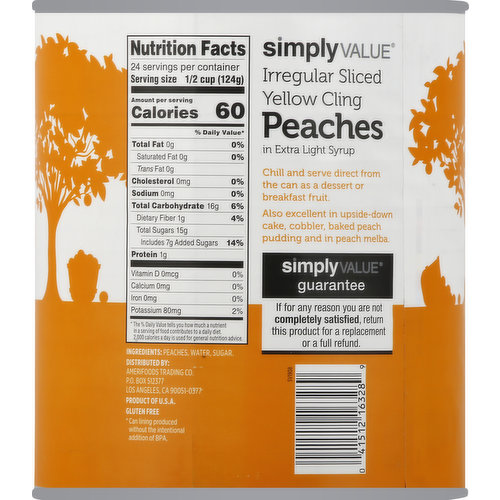 Simply Value Peaches, in Extra Light Syrup, Yellow Cling, Irregular Sliced