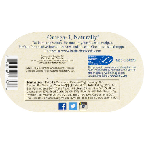 Bar Harbor Sardine Fillets, Skinless, Boneless, Smoked