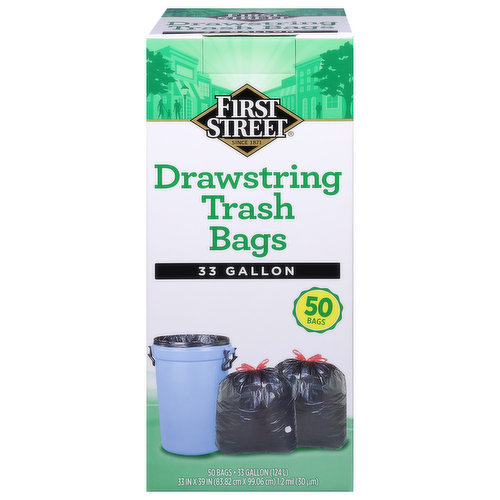First Street Trash Bags, Drawstring, 33 Gallon