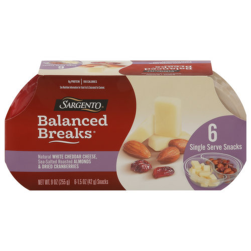 Sargento Balanced Breaks, White Cheddar Cheese/Almonds/Dried Cranberries, 6 Single Serve Snacks