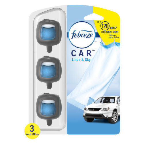 Febreze Febreze Car Air Freshener Vent Clip, Linen & Sky, .06 oz, Pack of 3