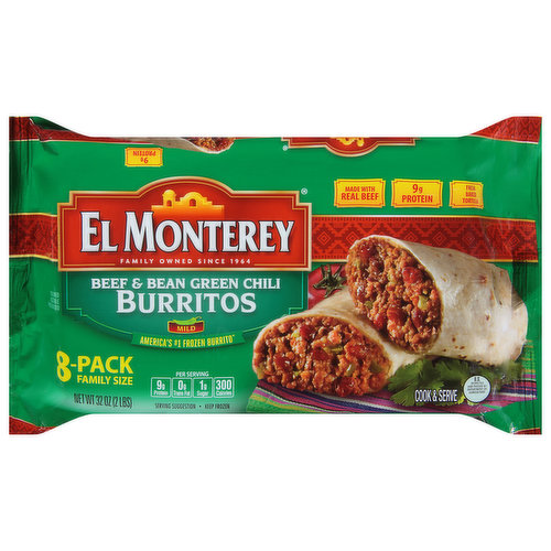 El Monterey Burritos, Mild, Beef & Bean Green Chili, 8 Pack, Family Size