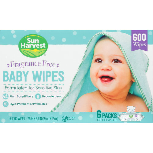 Sun Harvest Baby Wipes, Fragrance Free, 6 Packs