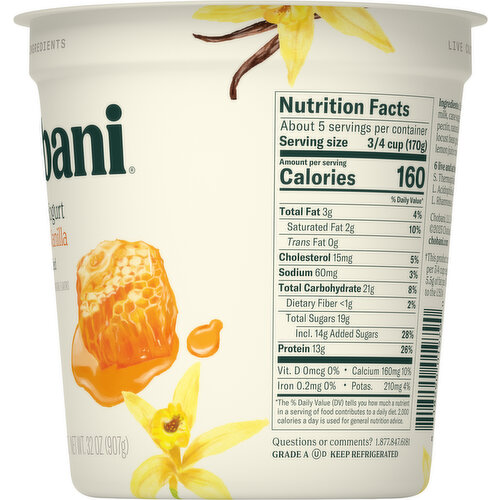 Chobani Yogurt, Greek, Reduced Fat, Honey Vanilla, Blended
