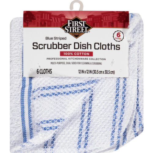 First Street Dish Cloths, Scrubber, Blue Striped