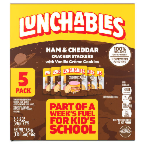 Lunchables Cracker Stackers, with Vanilla Creme Cookies, Ham & Cheddar, 5 Pack