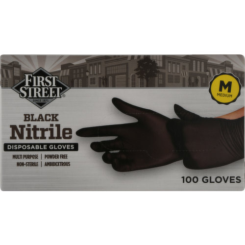 First Street Disposable Gloves, Black Nitrile, Medium