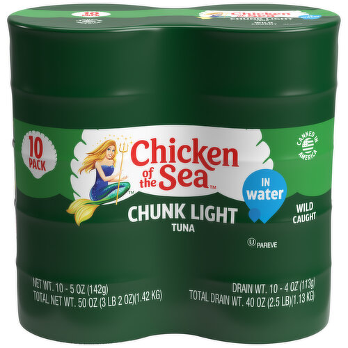 Chicken of the Sea Tuna, in Water, Light, Chunk, Wild Caught, 10 Pack