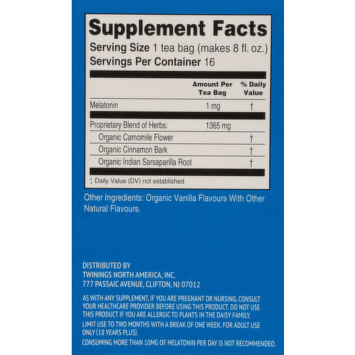 Twinings Herbal Tea, Sleep +, Caffeine-Free, Camomile, Cinnamon & Vanilla Flavoured, Bags