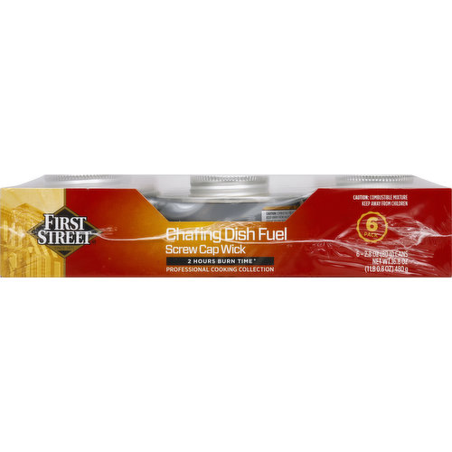 First Street Chafing Dish Fuel, Screw Cap Wick, 6 Pack