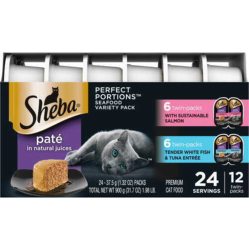 Sheba Pate in Natural Juices Premium With Sustainable Salmon/Tender White Fish & Tuna Entree Cat Food Seafood Variety Pack
