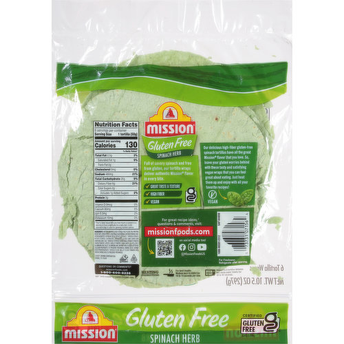 Mission Tortilla Wraps, Gluten Free, Spinach Herb