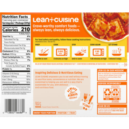 Lean Cuisine Cheese Ravioli with Tomato Sauce