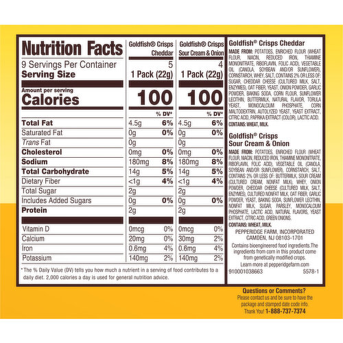 Goldfish Baked Snacks, Cheddar/Sour Cream & Onion, 9 Packs