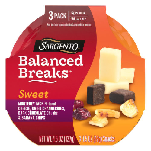 Sargento Balanced Breaks, Sweet, Monterey Jack/Cranberries/Dark Chocolate/Banana Chips, 3 Pack