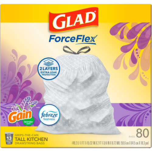 Glad Bags, Drawstring, Kitchen, Gain Lavender Scent with Febreze Freshness, 13 Gallon, Tall