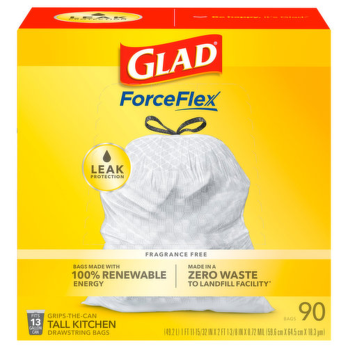 Glad Drawstring Bags, Tall Kitchen, Grips-The-Can, Fragrance Free, 13 Gallon