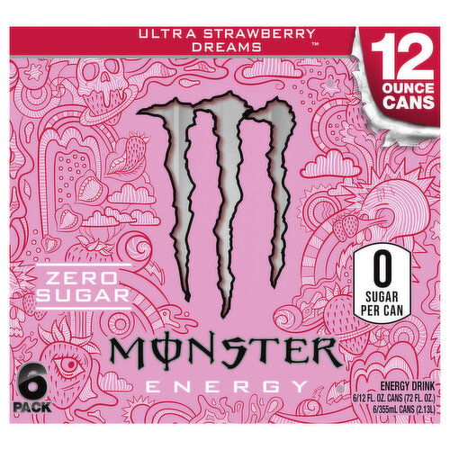Monster Energy Six Pack Drink, Zero Sugar, Ultra Strawberry Dreams, 6 Pack