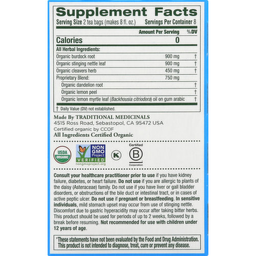 Traditional Medicinals Herbal Supplement, Organic, Everyday Detox, Lemon, Tea Bags