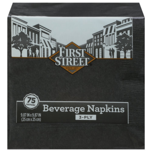 First Street Beverage Napkins, Black, 3-Ply