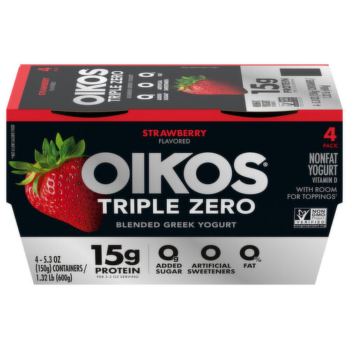 Oikos Yogurt, Nonfat, Strawberry Flavored, Blended, Greek